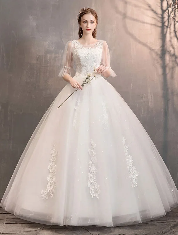 Romantic Evening Gown Tulle Wedding Dress Ivory Lace Applique Flower Detail Half Sleeve Princess Bridal Gown Romantic Evening Gown Tulle Wedding Dress Ivory Lace Applique Flower Detail Half Sleeve Princess Bridal Gown