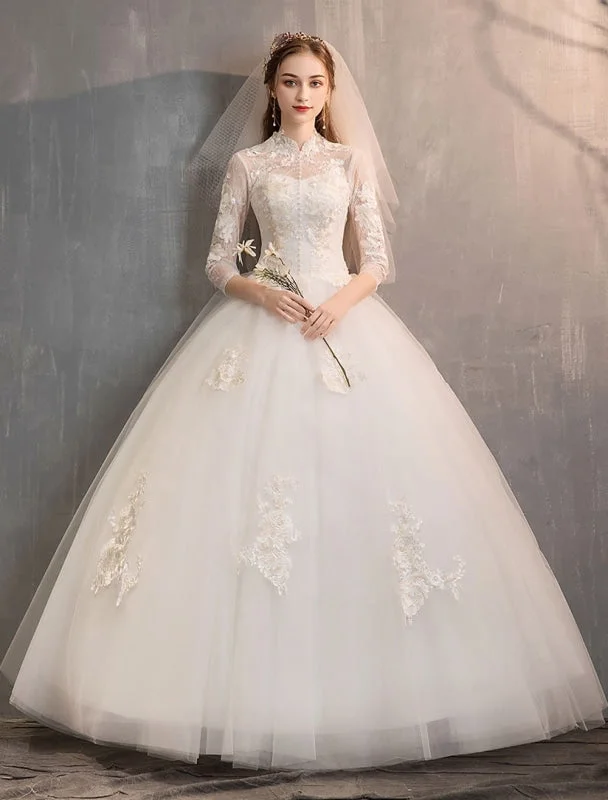Fashionable Formal Dress Tulle Wedding Dresses Ivory Illusion Neckline Half Sleeve Floor Length Princess Bridal Dress Fashionable Formal Dress Tulle Wedding Dresses Ivory Illusion Neckline Half Sleeve Floor Length Princess Bridal Dress