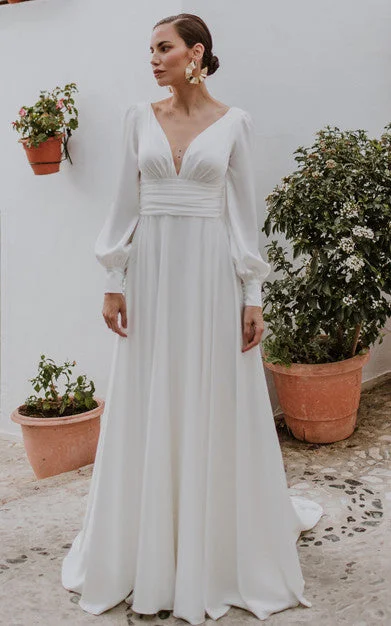 Drape Sleeve Dress V-neck A-Line Chiffon Romantic Wedding Dress With Button Back And Ruching-716716 Drape Sleeve Dress V-neck A-Line Chiffon Romantic Wedding Dress With Button Back And Ruching-716716