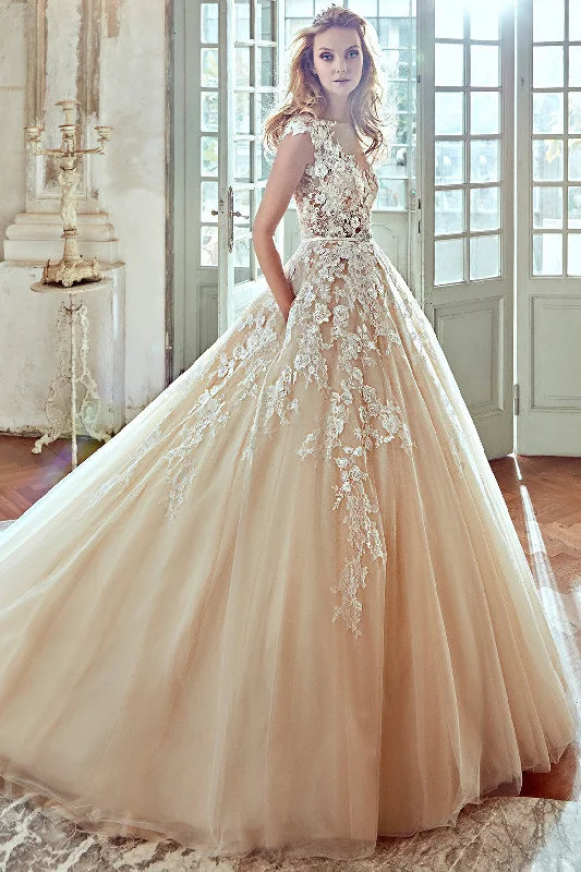 Sheer Panel Dress V-Neck A-Line Wedding Dress With Floral Lace Appliques and Pleated Tulle Skirt-MK_701464 Sheer Panel Dress V-Neck A-Line Wedding Dress With Floral Lace Appliques and Pleated Tulle Skirt-MK_701464