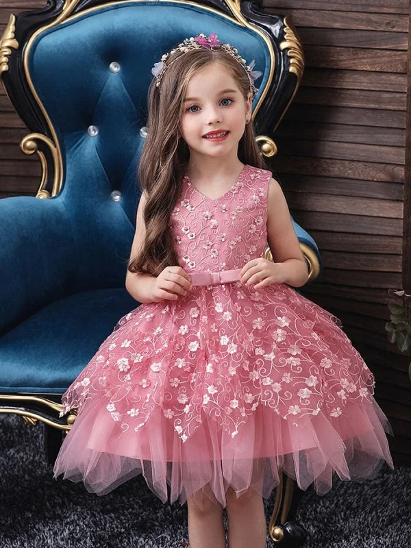 Empire Waist Gown V Neck Tulle Sleeveless Princess Kids Dresses Floral Knee Length Dress for Wedding