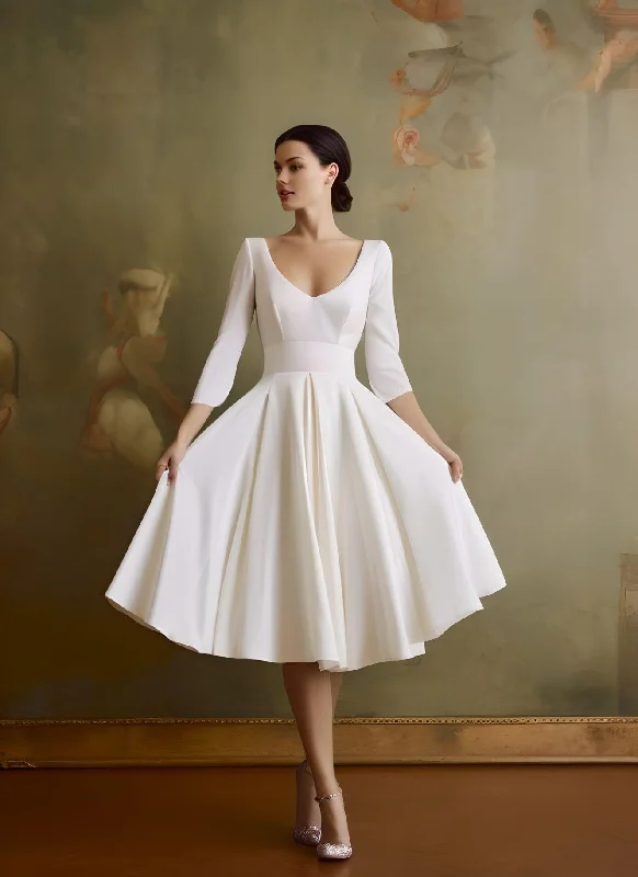 Structured Evening Gown Vintage A-Line V-neck Satin Knee-length Wedding Dress Beach Country Garden Court Simple Elegant Casual Sleeveless-MW_700005 Structured Evening Gown Vintage A-Line V-neck Satin Knee-length Wedding Dress Beach Country Garden Court Simple Elegant Casual Sleeveless-MW_700005
