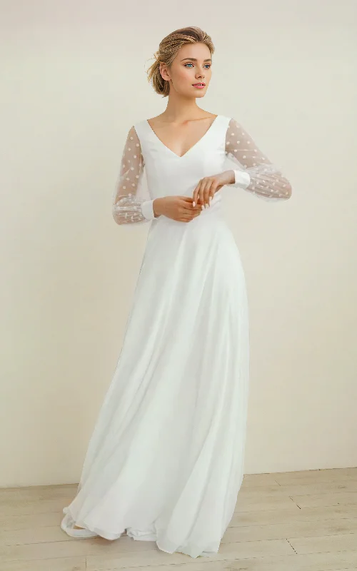 Classic Evening Dress Vintage Polka Dot Long Sleeve Wedding Dress Rustic Illusion V-Neck Pearl Botton Back Train Bridal Gown Classic Evening Dress Vintage Polka Dot Long Sleeve Wedding Dress Rustic Illusion V-Neck Pearl Botton Back Train Bridal Gown