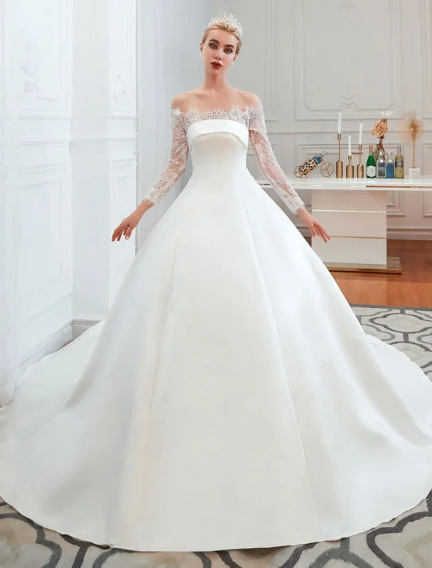 Bow Detail Dress Vintage Wedding Dress 2021 Off The Shoulder Long Sleeve Princess Satin Floor Length Bridal Gowns With Train Bow Detail Dress Vintage Wedding Dress 2021 Off The Shoulder Long Sleeve Princess Satin Floor Length Bridal Gowns With Train