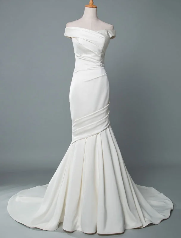 Floor-Length Dress Vintage Wedding Dress Mermaid Off The Shoulder Sleeveless Pleated Satin Fabric With Train Traditional Dresses For Bride Floor-Length Dress Vintage Wedding Dress Mermaid Off The Shoulder Sleeveless Pleated Satin Fabric With Train Traditional Dresses For Bride