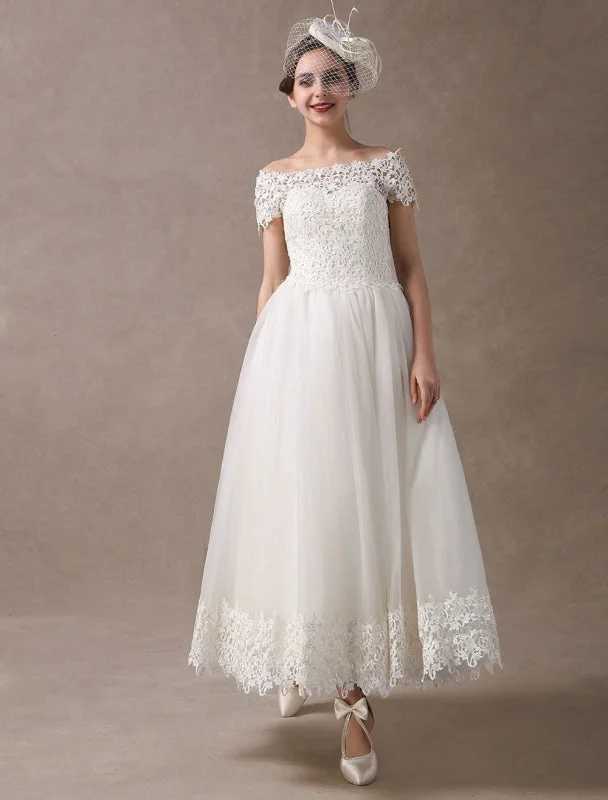 Long Sleeve Dress Vintage Wedding Dresses 1950S Off The Shoulder Ivory Lace Short Sleeve Ankle Length Bridal Dress Exclusive Long Sleeve Dress Vintage Wedding Dresses 1950S Off The Shoulder Ivory Lace Short Sleeve Ankle Length Bridal Dress Exclusive