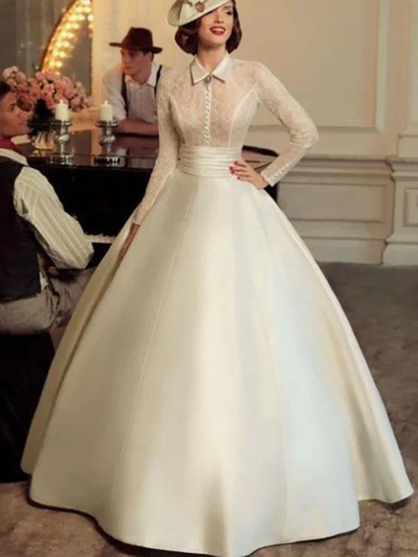 Princess Ball Gown Vintage Wedding Dresses Halter Long Sleeves Natural Waist Satin Fabric Floor Length Lace Traditional Dresses For Bride Princess Ball Gown Vintage Wedding Dresses Halter Long Sleeves Natural Waist Satin Fabric Floor Length Lace Traditional Dresses For Bride