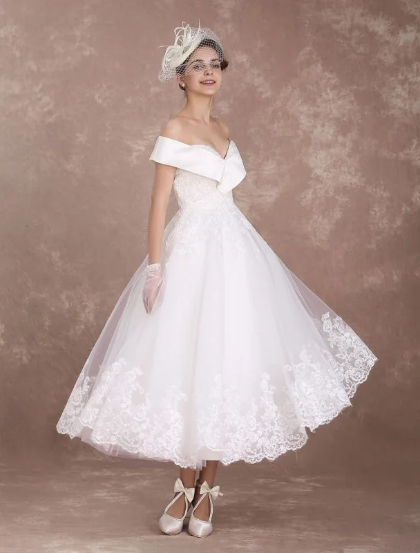 Cinderella Style Dress Vintage Wedding Dresses Off The Shoulder Short Bridal Dress 1950'S Lace Applique Beaded Tea Length Wedding Reception Dress Exclusive