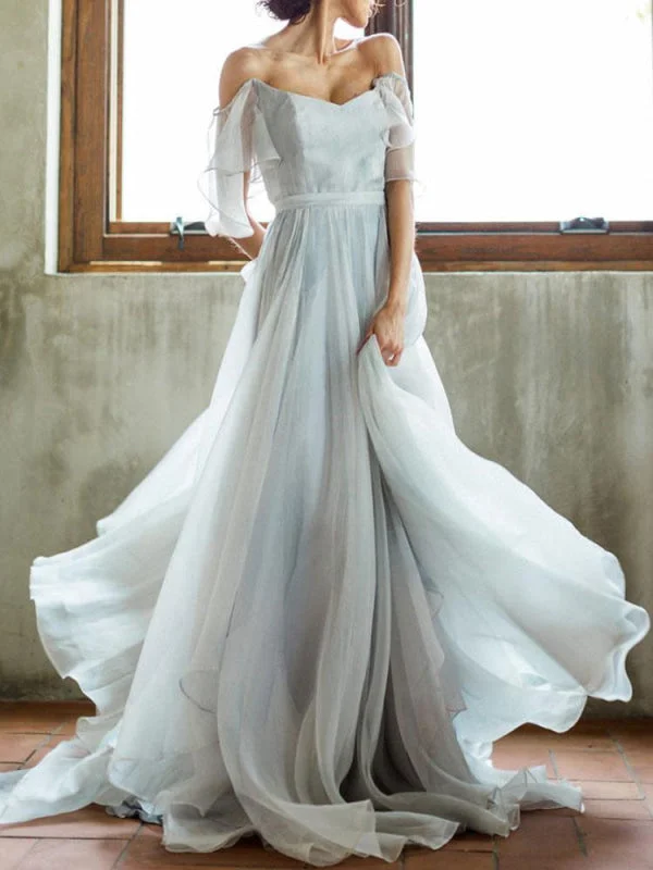 Empire Gown Wedding Dress A Line Off The Shoulder Sleeveless Pleated Court Train Chiffon Boho Bridal Gowns Empire Gown Wedding Dress A Line Off The Shoulder Sleeveless Pleated Court Train Chiffon Boho Bridal Gowns