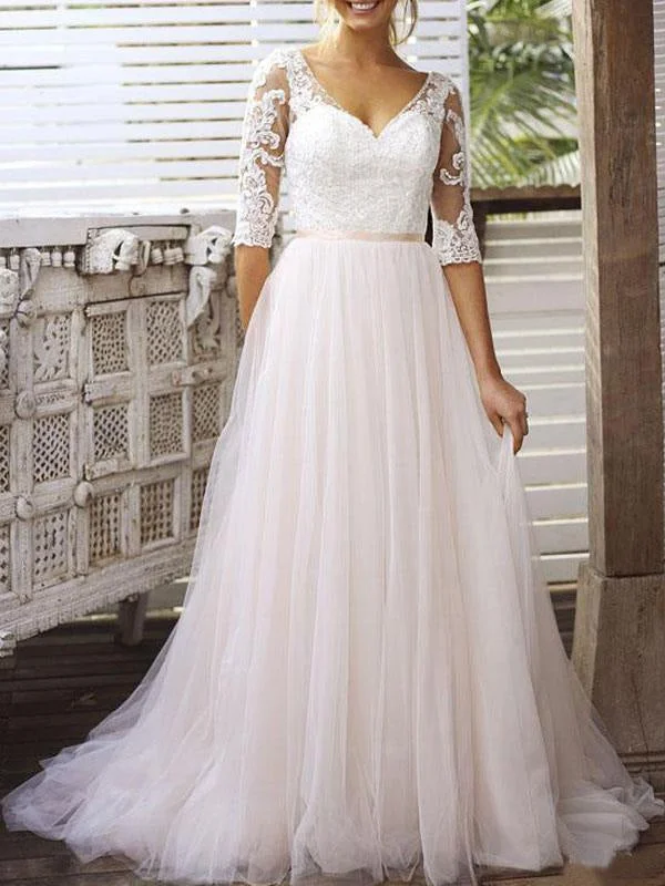 V-Neck Dress Wedding Dress A Line V Neck Half Sleeves Lace Tulle Bridal Dresses With Train V-Neck Dress Wedding Dress A Line V Neck Half Sleeves Lace Tulle Bridal Dresses With Train