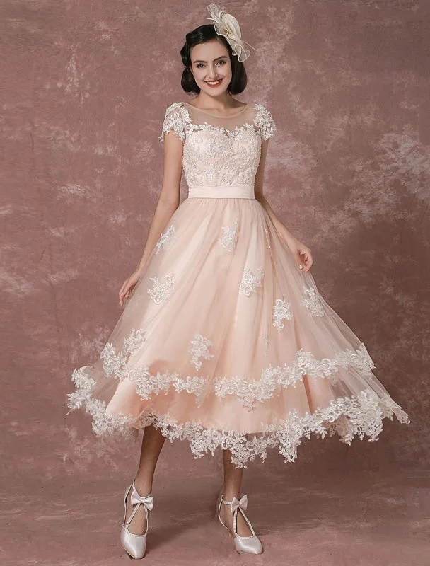 Regal Ball Gown Wedding Dress Short Vintage Bridal Dress Backless Illusion Lace Applique Tea-Length A-Line Reception Bridal Gown Exclusive Regal Ball Gown Wedding Dress Short Vintage Bridal Dress Backless Illusion Lace Applique Tea-Length A-Line Reception Bridal Gown Exclusive