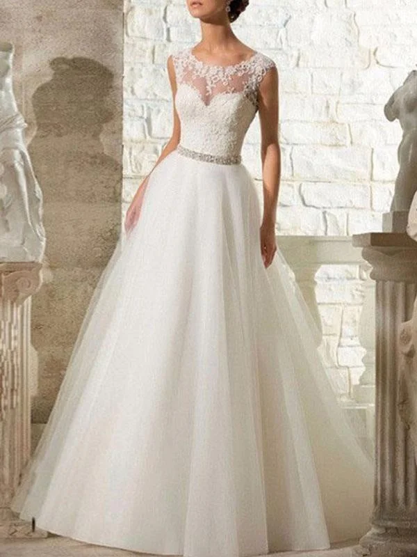 Formal Attire Wedding Dresses 2021 A Line Beaded Jewel Neck Sleeveless Floor Length Tulle Traditional Bridal Dress With Train Formal Attire Wedding Dresses 2021 A Line Beaded Jewel Neck Sleeveless Floor Length Tulle Traditional Bridal Dress With Train