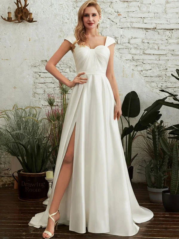 Charcoal Gray Gown Wedding Dresses A-Line Court Train Spaghetti Straps Sleeveless Pleated Sweetheart Neck Satin Fabric Ivory Bridal Gowns
