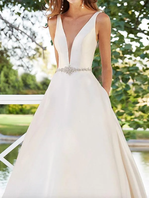Lace Sleeves Dress Wedding Dresses A Line Floor Length Sleeveless Beaded V Neck Backless Satin Fabric Bridal Gowns Train Dress Lace Sleeves Dress Wedding Dresses A Line Floor Length Sleeveless Beaded V Neck Backless Satin Fabric Bridal Gowns Train Dress