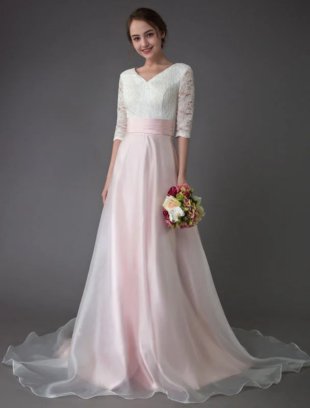 Luxe Embroidered Gown Wedding Dresses Pink V Neck Half Sleeve Pleated A Line Bridal Gown With Train Exclusive Luxe Embroidered Gown Wedding Dresses Pink V Neck Half Sleeve Pleated A Line Bridal Gown With Train Exclusive