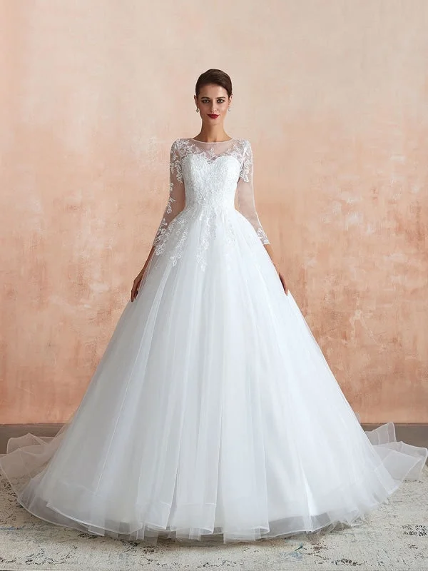 Simple Formal Dress Wedding Gown 2021 3/4 Sleeve Jewel Neck Lace Appliqued Beaded Ball Gown Bridal Wedding Dress With Train Simple Formal Dress Wedding Gown 2021 3/4 Sleeve Jewel Neck Lace Appliqued Beaded Ball Gown Bridal Wedding Dress With Train