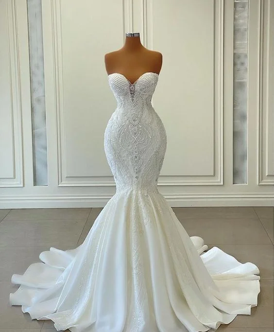 Pleated Gown White Long Mermaid Prom Dresses Wedding dress    fg1197