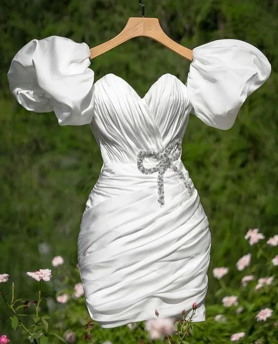 Bold Print Formal Dress White Short Party Dress Homecoming Dress Short Wedding Dress      fg2314