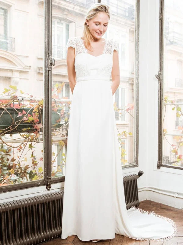 Off-Shoulder Gown White Simple Wedding Dress A-Line Strapless Backless Short Sleeves Lace Satin Fabric Long Bridal Dresses Off-Shoulder Gown White Simple Wedding Dress A-Line Strapless Backless Short Sleeves Lace Satin Fabric Long Bridal Dresses