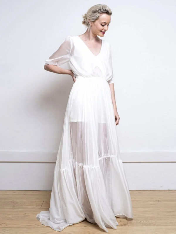 Unique Formal Dress White Simple Wedding Dress A-Line V-Neck Half Sleeves Backless Tulle Satin Fabric Long Bridal Gowns Unique Formal Dress White Simple Wedding Dress A-Line V-Neck Half Sleeves Backless Tulle Satin Fabric Long Bridal Gowns