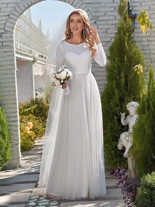 Satin Mermaid Dress White Simple Wedding Dress Jewel Neck Long Sleeves Natural Waist A-Line Tulle Long Bridal Dresses Satin Mermaid Dress White Simple Wedding Dress Jewel Neck Long Sleeves Natural Waist A-Line Tulle Long Bridal Dresses