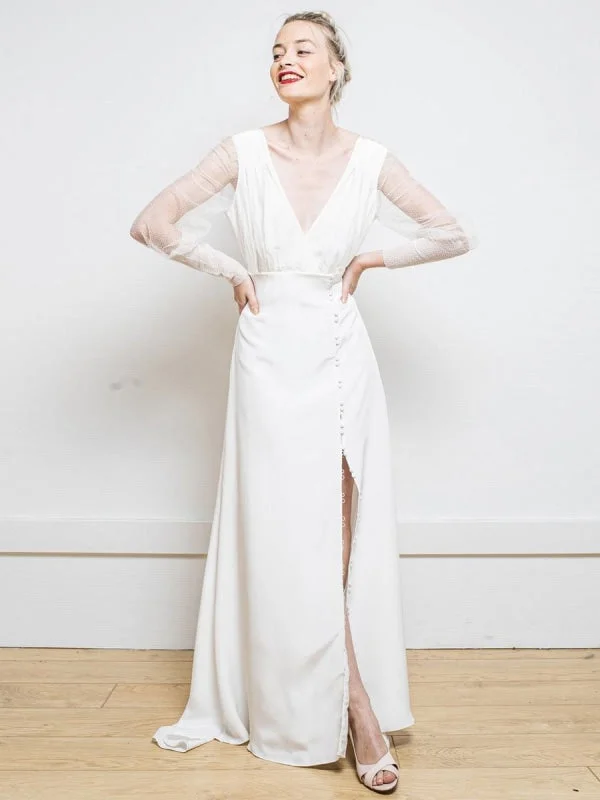 Rose Gold Dress White Simple Wedding Dress Satin Fabric V-Neck Long Sleeves A-Line Tulle Satin Fabric Long Bridal Dresses Rose Gold Dress White Simple Wedding Dress Satin Fabric V-Neck Long Sleeves A-Line Tulle Satin Fabric Long Bridal Dresses