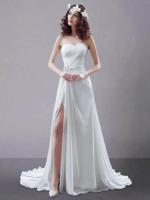 Floor-Length Gown White Wedding Dress Strapless Twisted Split Rhinestone Chiffon Wedding Gown Floor-Length Gown White Wedding Dress Strapless Twisted Split Rhinestone Chiffon Wedding Gown