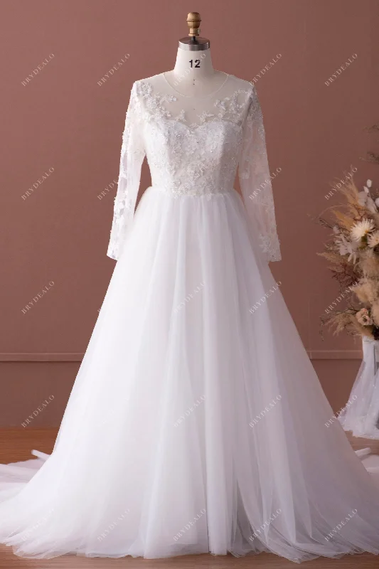 Velvet Dress Sheer Sleeve Hand-sewn Beaded Lace Tulle Modern Wedding Dress