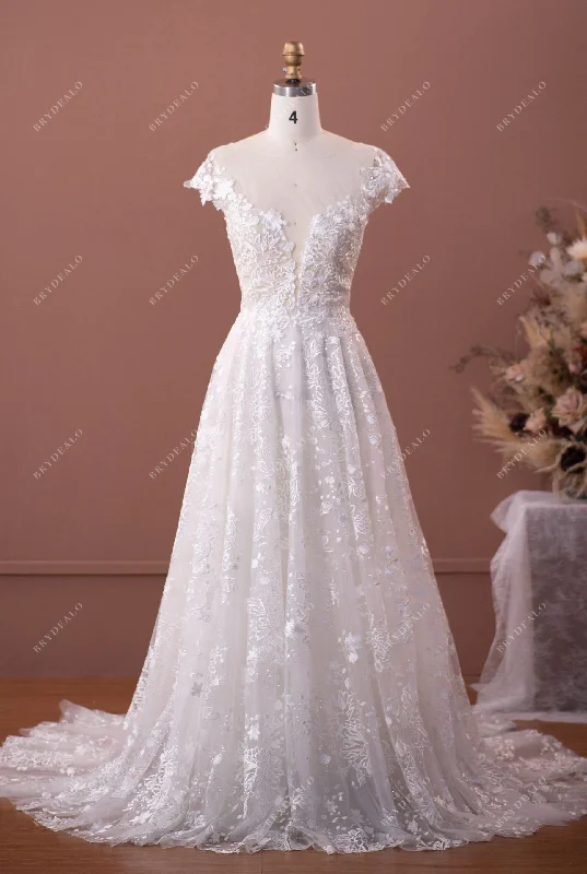 Sparkly Mermaid Dress Shimmery Wild Lace Illusion Neck A-line Boho Bridal Gown