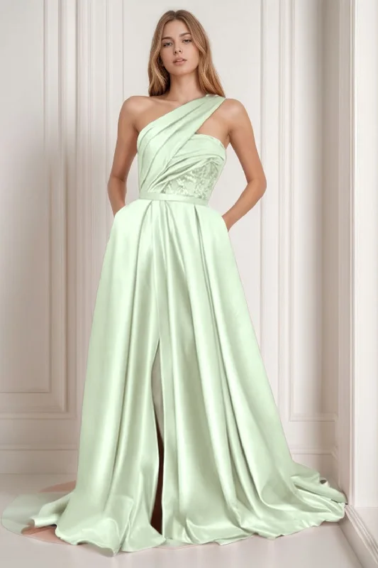 Peplum Dress A-Line Sweep-Brush Train Satin Prom Dress CS0429
