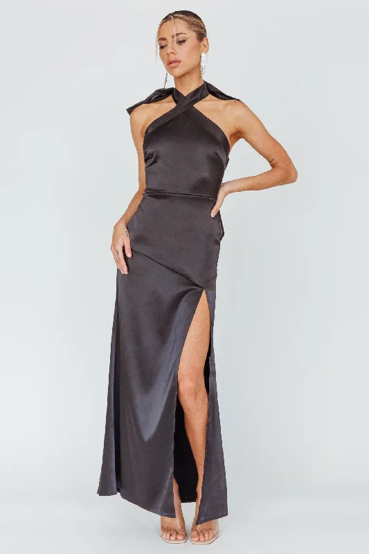 Velvet Dress Andria Halterneck Bow Satin Maxi Dress Black
