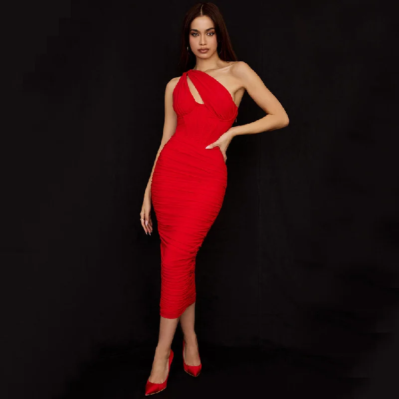 Maxi Formal Dress Asymmetric One Shoulder Cutout Ruched Corset Mesh Midi Dress - Red Maxi Formal Dress Asymmetric One Shoulder Cutout Ruched Corset Mesh Midi Dress - Red