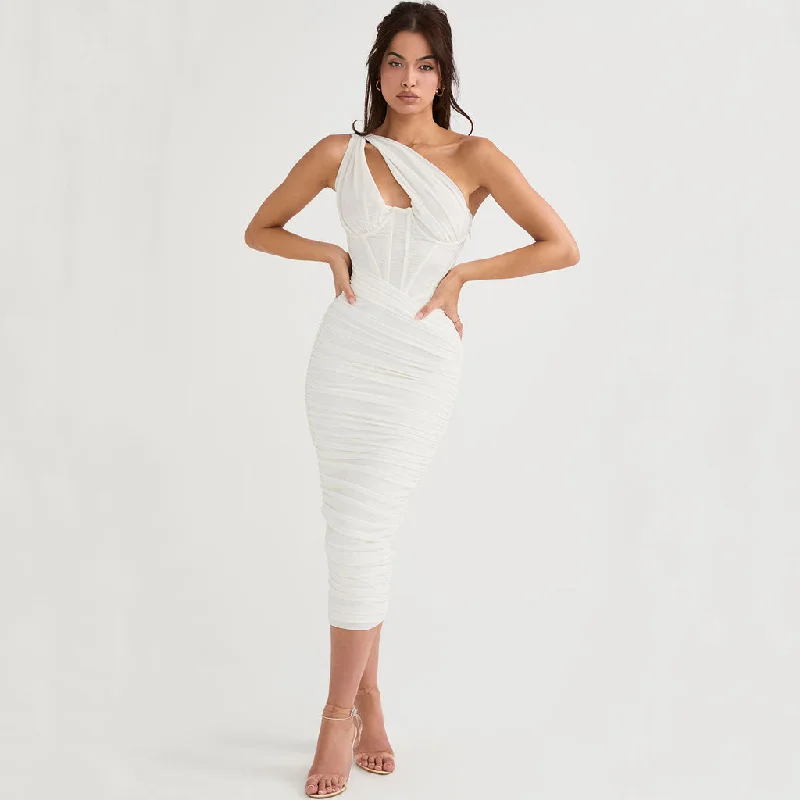 Bow Detail Dress Asymmetric One Shoulder Cutout Ruched Corset Mesh Midi Dress - White Bow Detail Dress Asymmetric One Shoulder Cutout Ruched Corset Mesh Midi Dress - White
