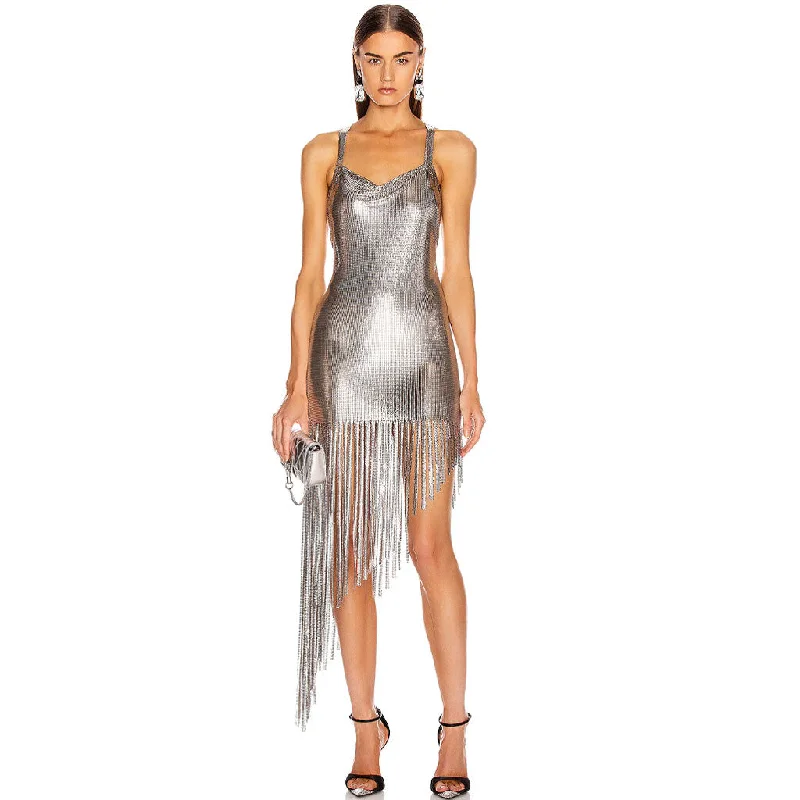 Regal Ball Gown Asymmetrical Fringe Cowl Neck Backless Metal Mesh Dress - Silver