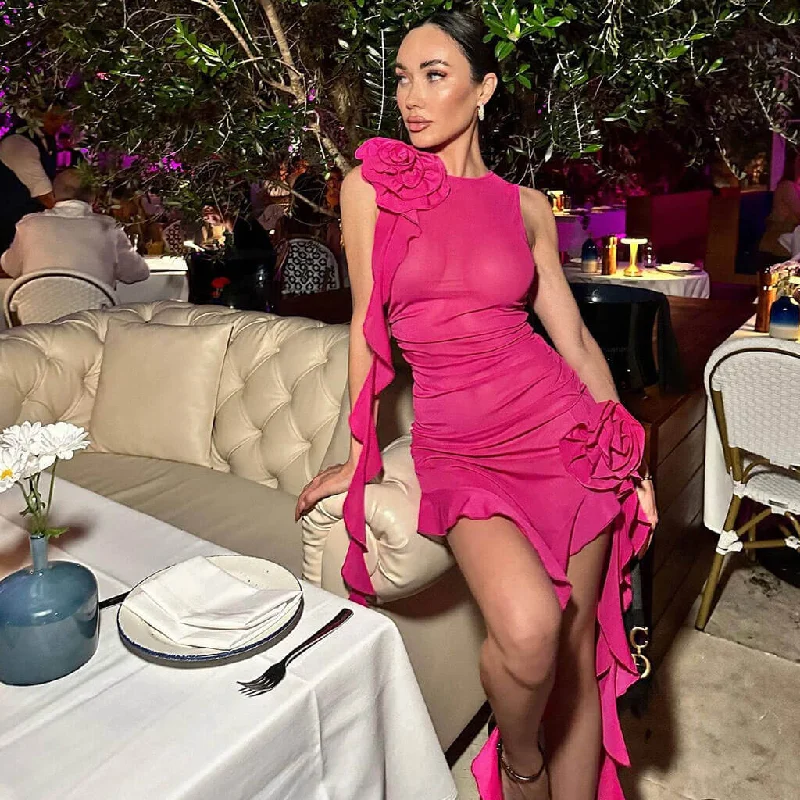 Satin Gown Asymmetrical Ruffle Hem Floral Corsage Sheer Mesh Sleeveless Midi Party Dress Satin Gown Asymmetrical Ruffle Hem Floral Corsage Sheer Mesh Sleeveless Midi Party Dress
