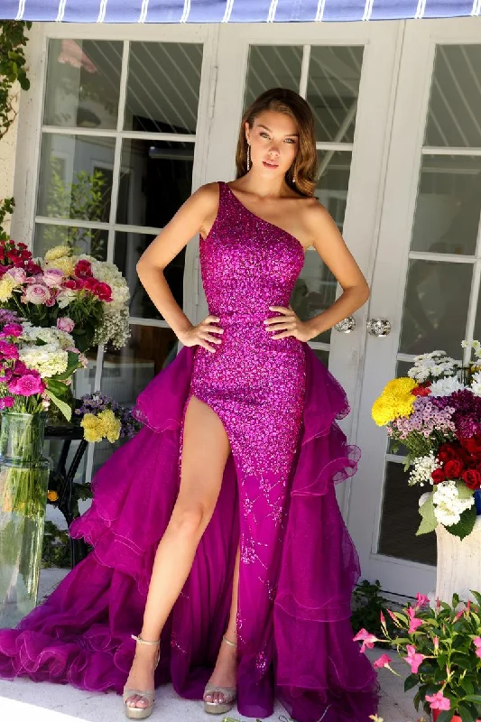 Glittering Evening Gown Ava Presley One Shoulder Tiered Ruffle Prom Dress 29236