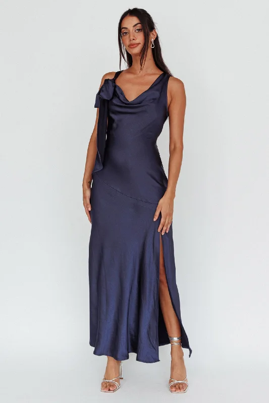 Stunning Silk Gown Averie Bow Shoulder Split Midi Dress Navy