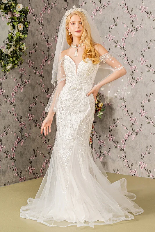 Sparkly Dress Bead Sequin Mesh Mermaid w/ Long Sleeves Long Wedding Dress GLGL3426