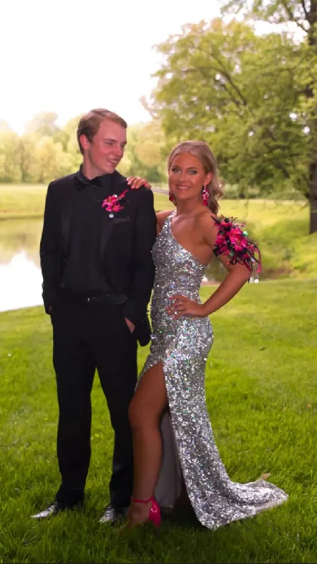 Side Slit Gown Silver One Shoulder Sequined Long Prom Dress with Slit,DP1354