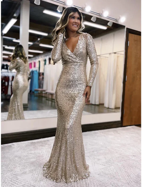 Chiffon Dress Silver Sequined V Neck Long Sleeves Mermaid Long Prom Dress,DP1201