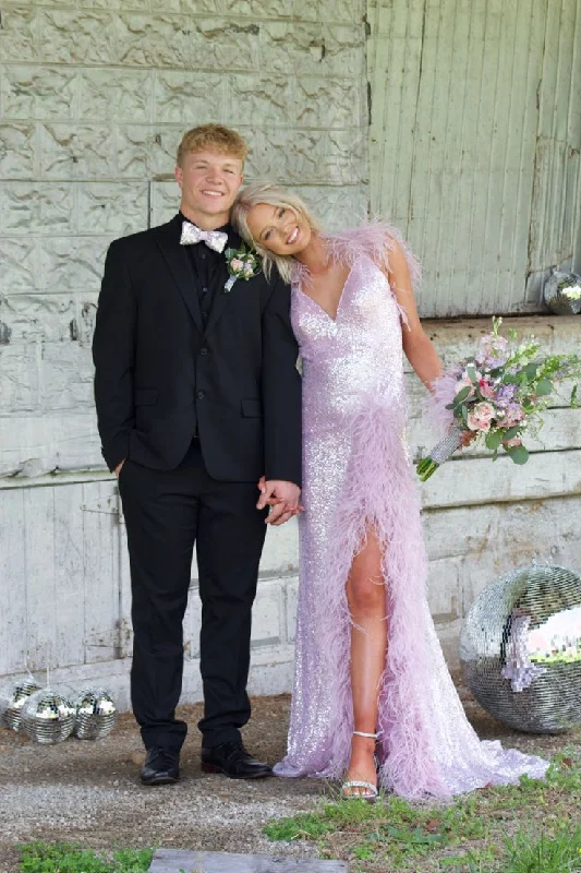 Gorgeous Party Dress Elegant V Neck Sequined Slit Long Prom Dress with Feather,DP1213 Gorgeous Party Dress Elegant V Neck Sequined Slit Long Prom Dress with Feather,DP1213