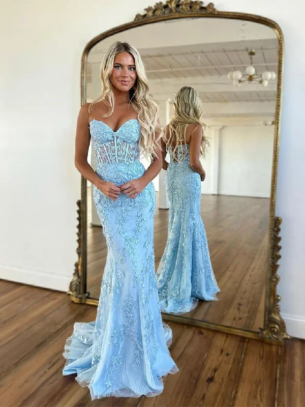 Formal Red Dress Blue Sweetheart Neck Tulle Mermaid Appliques Long Prom Dress,DP1218