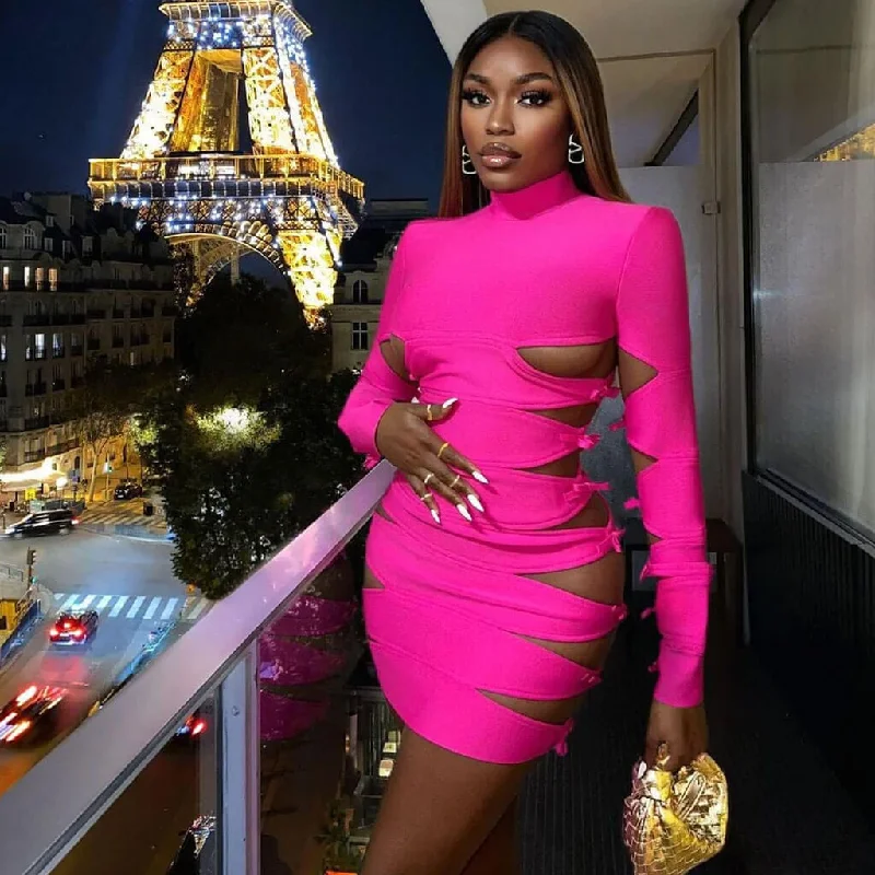Party Dress Bold Bow Detail Side Cutout High Neck Long Sleeve Mini Bandage Dress - Fuchsia Party Dress Bold Bow Detail Side Cutout High Neck Long Sleeve Mini Bandage Dress - Fuchsia
