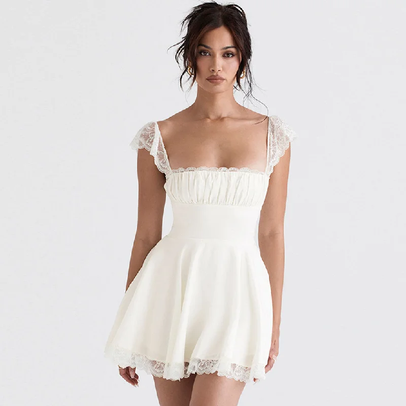 Sheer Panel Dress Charming Lace Trim Lace Up Ruched Square Neck Fit and Flare Mini Sundress