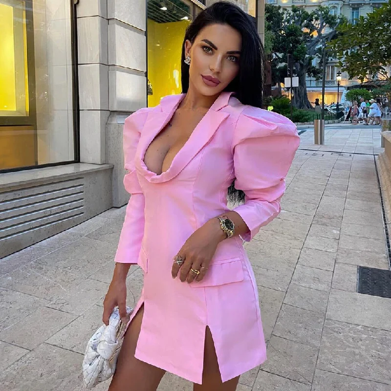 Rose Gold Dress Chic Puff Sleeve Slit Front Deep V Mini Blazer Dress - Pink