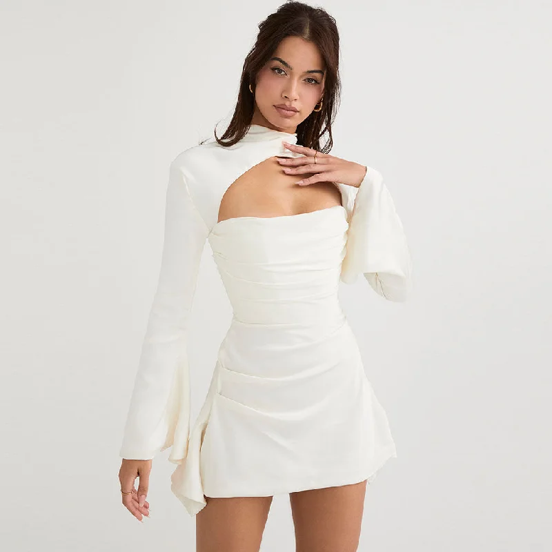 Fitted Formal Dress Classy High Neck Cutout Draped Satin Mini Party Dress - White