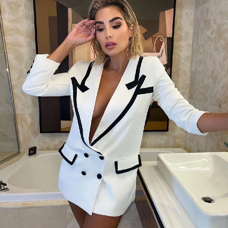 Burgundy Maxi Dress Contrast Peak Lapel Double Breasted Oversized Blazer Mini Dress - White Burgundy Maxi Dress Contrast Peak Lapel Double Breasted Oversized Blazer Mini Dress - White