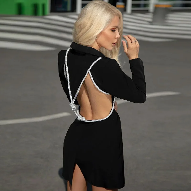 Cinderella Style Dress Crystal Knot Backless Single Breasted Tailored Blazer Mini Dress - Black Cinderella Style Dress Crystal Knot Backless Single Breasted Tailored Blazer Mini Dress - Black