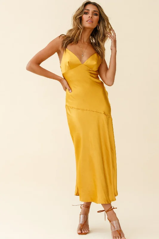 Luxury Dress Downtown Cami Strap Front Split Midi Dress Mustard