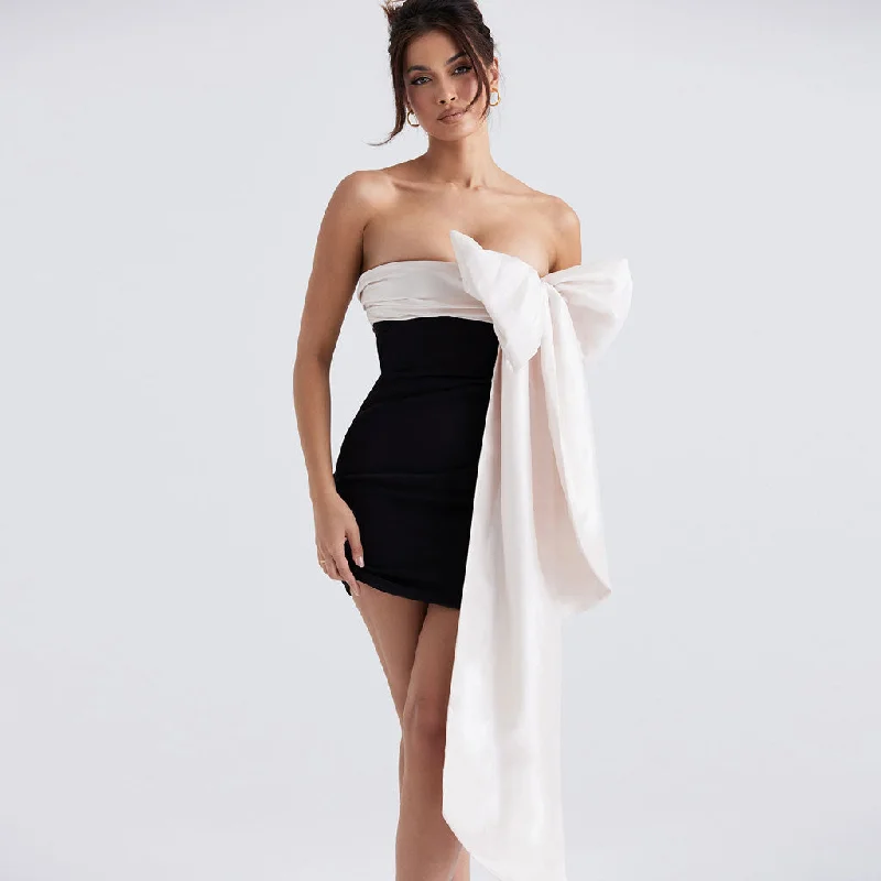 Romantic Evening Gown Dramatic Draped Bow Detail Contrast Ruched Strapless Bodycon Mini Dress Romantic Evening Gown Dramatic Draped Bow Detail Contrast Ruched Strapless Bodycon Mini Dress